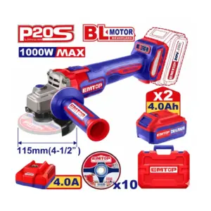 Meuleuse 115mm sans fil 20V + 2 Batteries 4.0Ah EMTOP