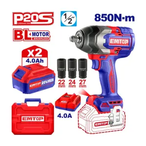 Clé à chocs 1/2" sans fil 850Nm + 2 Batteries 4.0Ah EMTOP