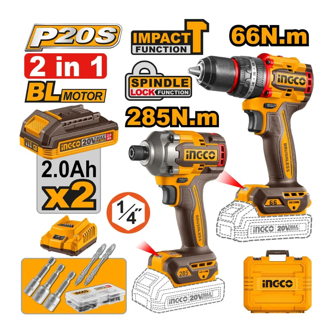 Pack Combo 20V Perceuse-Visseuse à Chocs CKLI20277 INGCO