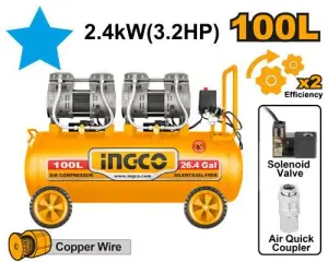 Compresseur Silencieux 100L 2×1200W 3.2HP INGCO