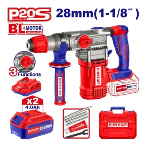 Marteau perforateur 28mm sans fil 20V + 2 Batteries 4.0Ah EMTOP