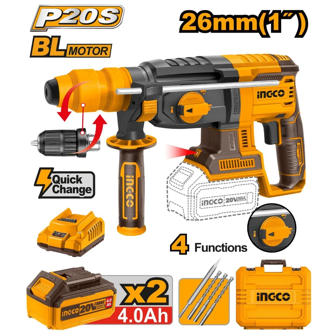 Marteau perforateur26mm20V+2Batt 4Ah mandrin sans clé INGCO