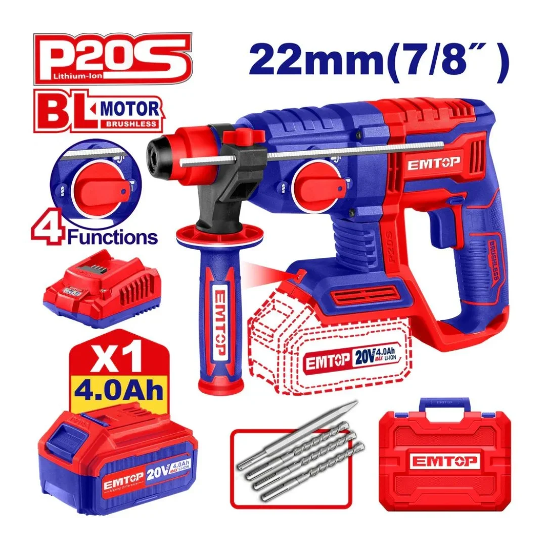 Marteau perforateur 26mm sans fil 20V + 1 Batterie 4.0Ah EMTOP