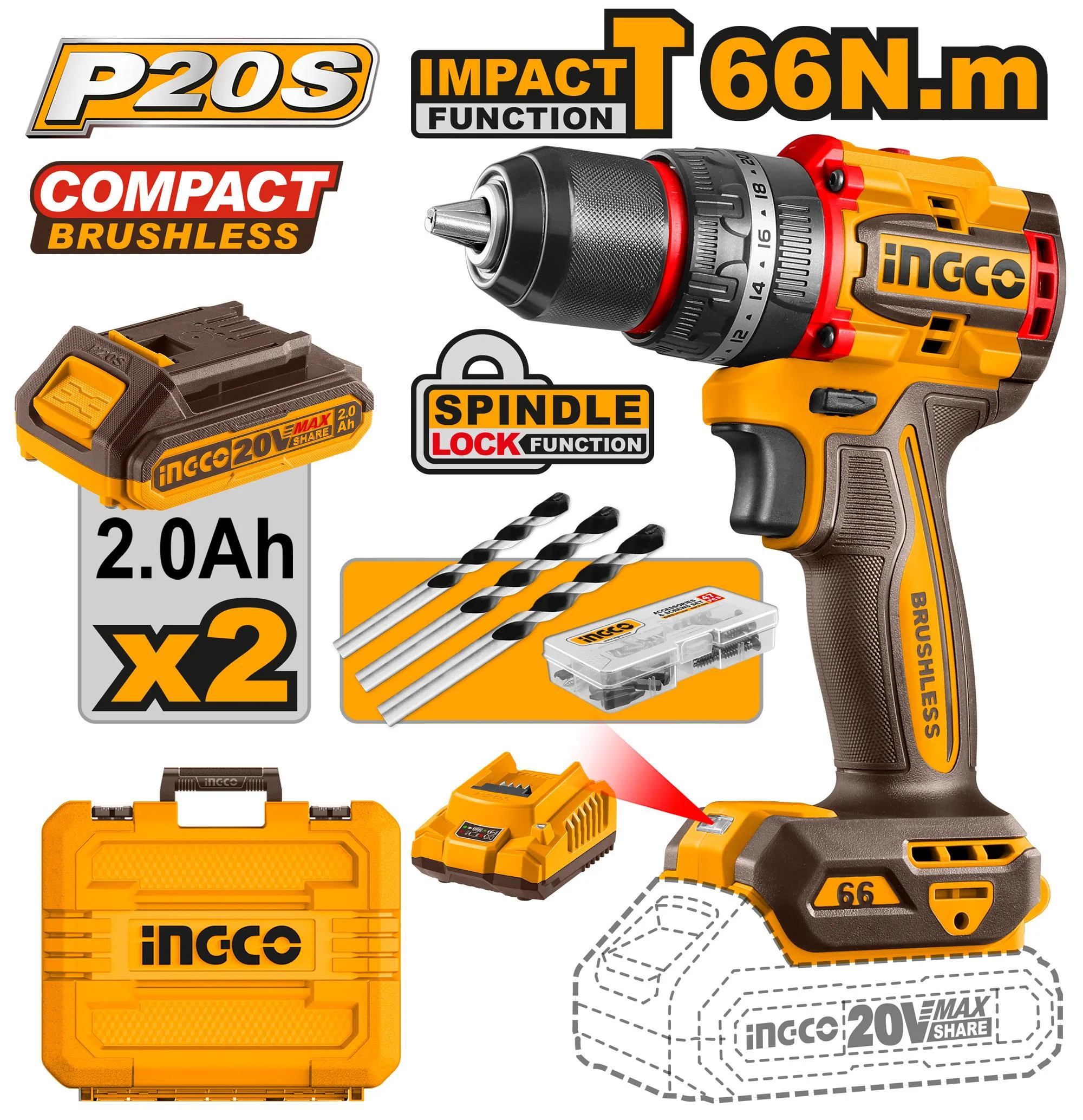 Perceuse à percussion sans fil 66Nm 2Bat 20V - INGCO