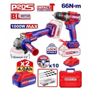 Pack Perceuse à percussion 66Nm+Meuleuse 115mm+2Batt 4.0Ah EMTOP