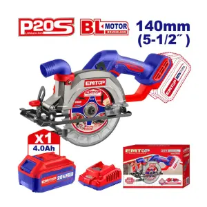 Scie circulaire 140mm sans fil 20V + Batterie 4.0Ah EMTOP